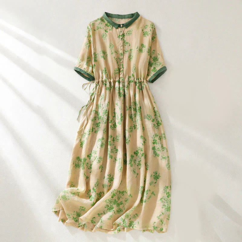 Buddha Stones Printing Buttons Drawstring High Waist Short Sleeve Cotton Midi Dress With Pockets
