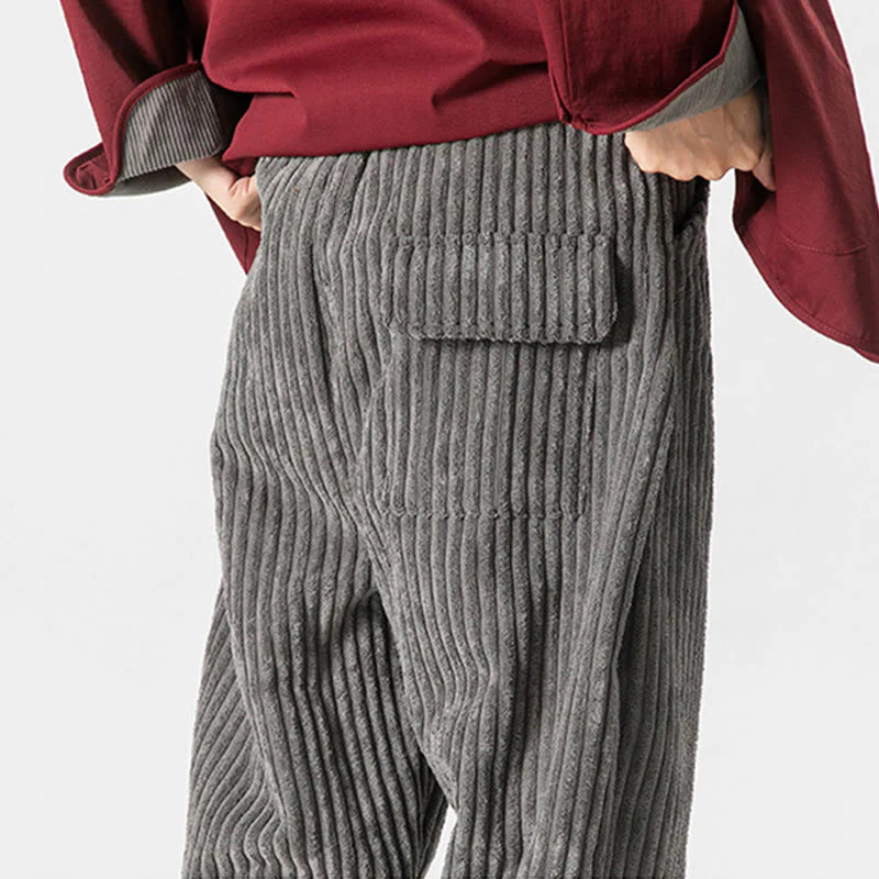 Buddha Stones Winter Solid Color Men's Ankle-Length Corduroy Pants With Pockets