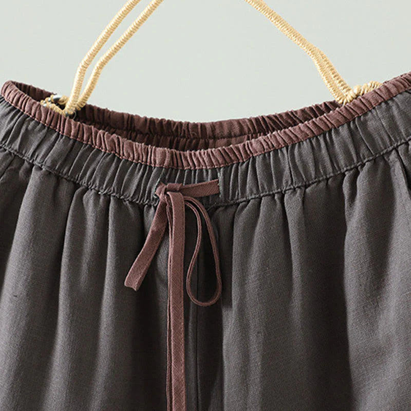 Buddha Stones Winter Contrasting Drawstring Cotton Linen Women's Wide Leg Pants With Pockets