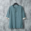 Buddha Stones Summer Frog-Button Yellow Bamboo Leaves Half Sleeve Men's Linen Shirt