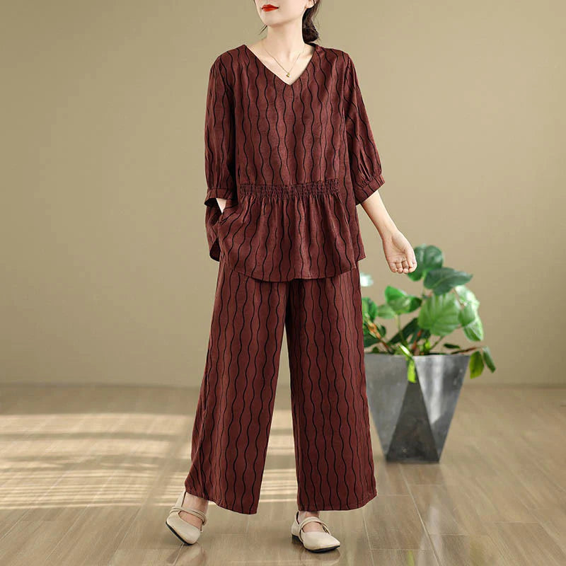 Buddha Stones 2pcs Striped Pattern Short Sleeve Shirt Polyester 7 Length Harem Pants Set With Pocket