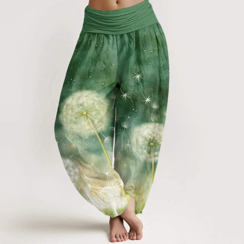 Buddha Stones Cotton Casual Dandelion Pattern Women's Elastic Waist Harem Pants
