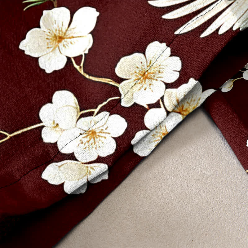 Buddha Stones Pure Cotton Crane Plum Blossom Elastic Waist Women's Pants With Pockets
