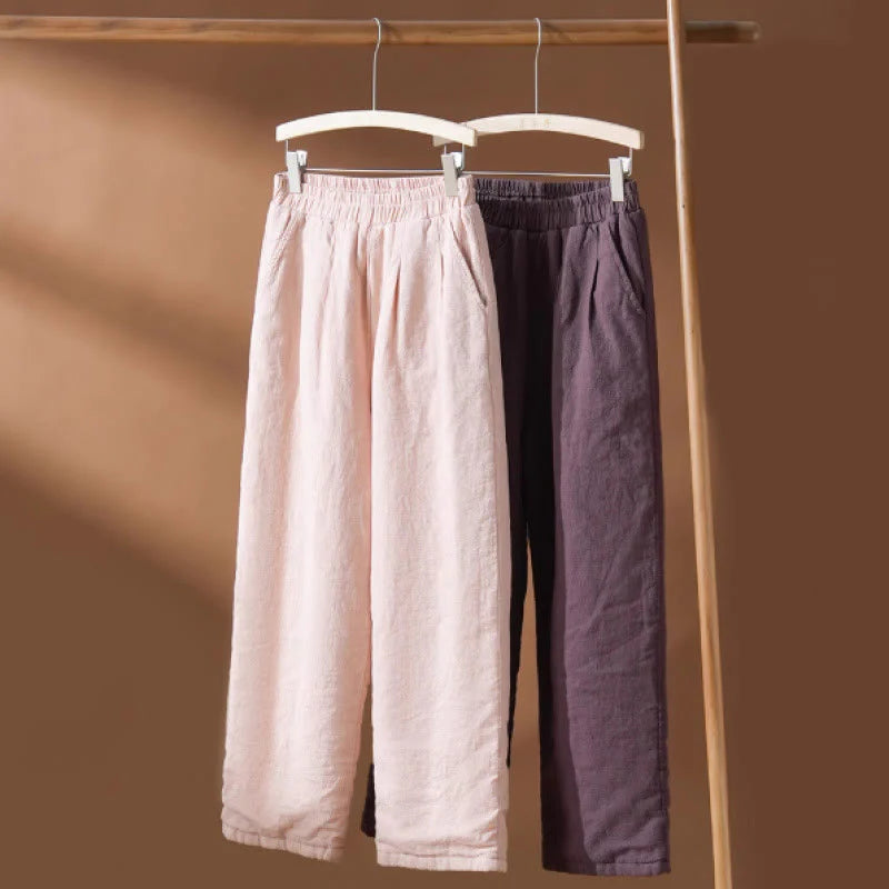 Buddha Stones Winter Plain Cotton Thermal Women's Wide Leg Pants With Pockets