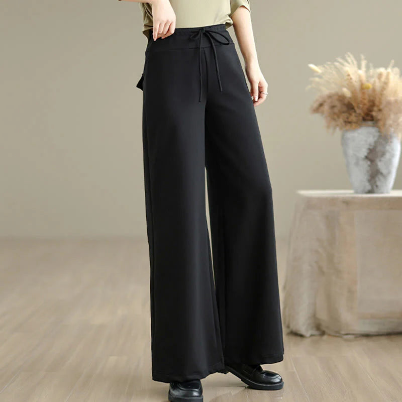 Buddha Stones Plain Drawstring Cotton Polyester Women's Wide Leg Pants With Pockets
