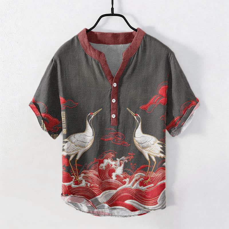 Buddha Stones Cotton Crane Wave Emblem Men's Short Sleeve Half Button Shirt