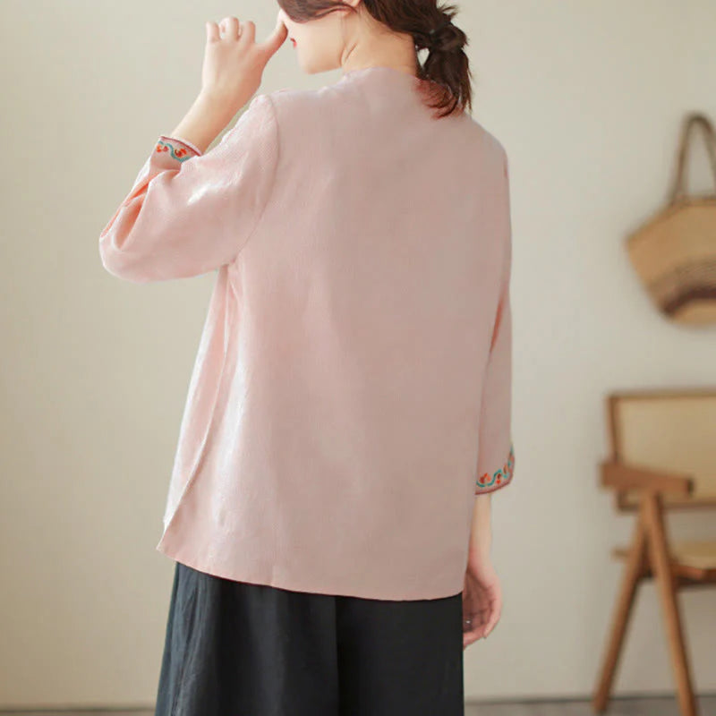 Buddha Stones Jacquard Frog-button Stand Collar Embroidered Three Quarter Sleeve Design Women's Cotton Shirt