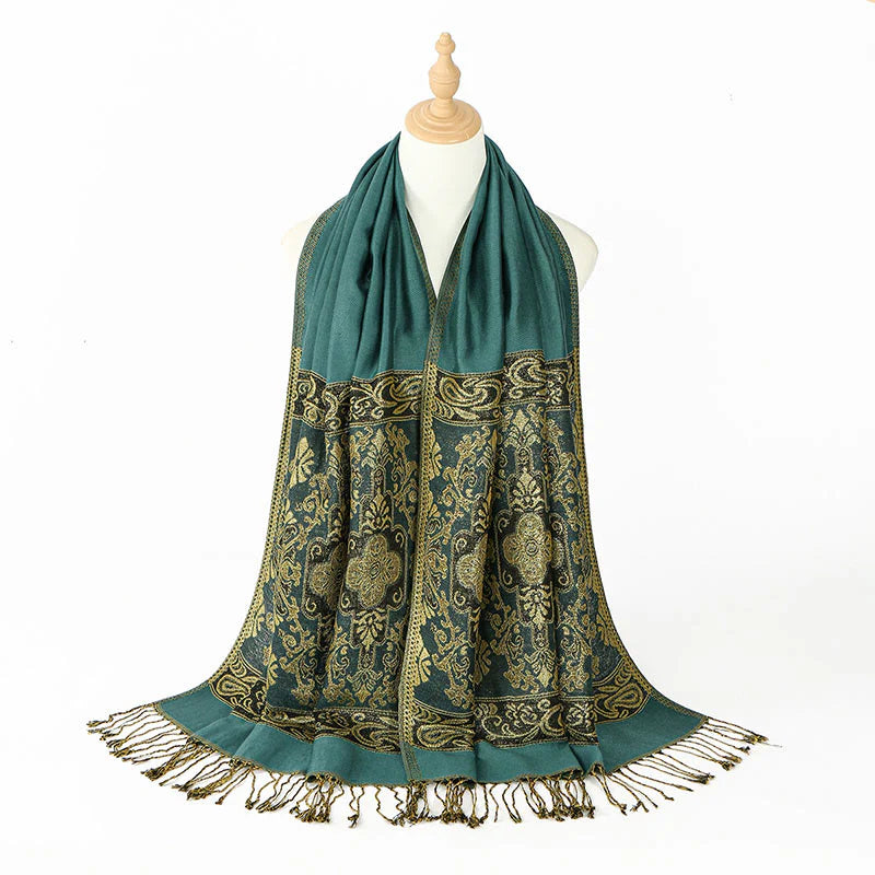 Buddha Stones Spring Golden Cashew Flower Geometric Pattern Tassel Cozy Scarf Shawl