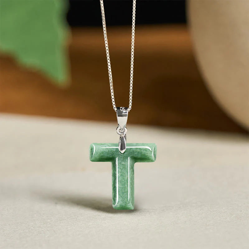 Buddha Stones Natural A-Z Letter Jade 925 Sterling Silver Silm Chain Prosperity Necklace Pendant