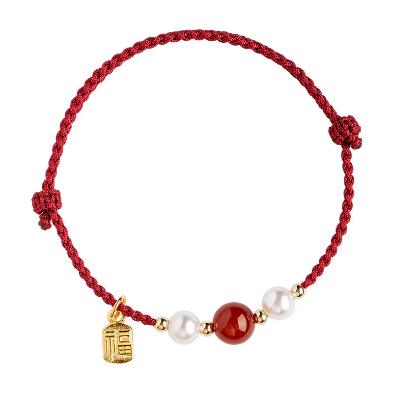 Buddha Stones 925 Sterling Silver Good Fortune Fu Character Agate Pearl Red String Braid Bracelet (Extra 30% Off | USE CODE: FS30)