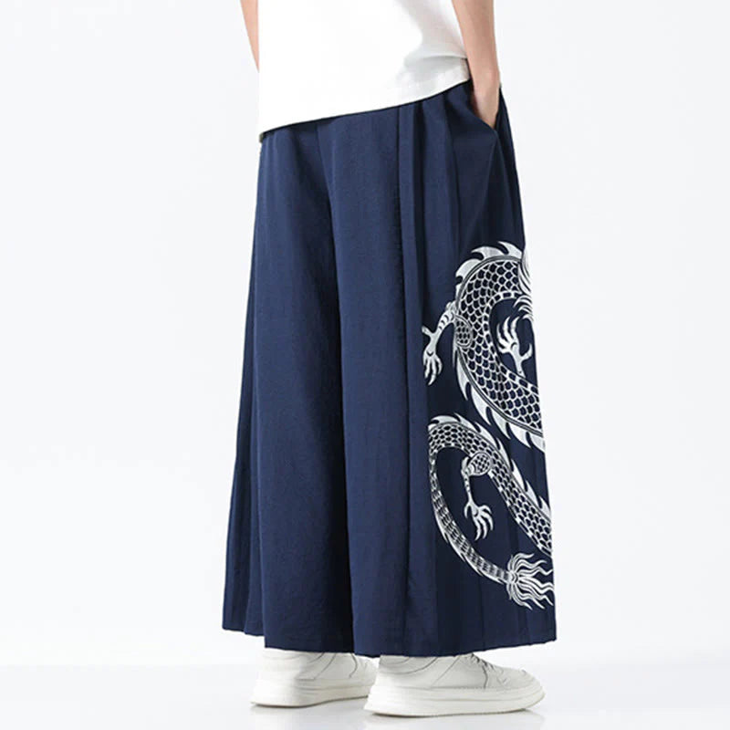 Buddha Stones Summer Dragon Drawstring Design Cotton Ankle-Length Men's Wide Leg Pants With Pockets