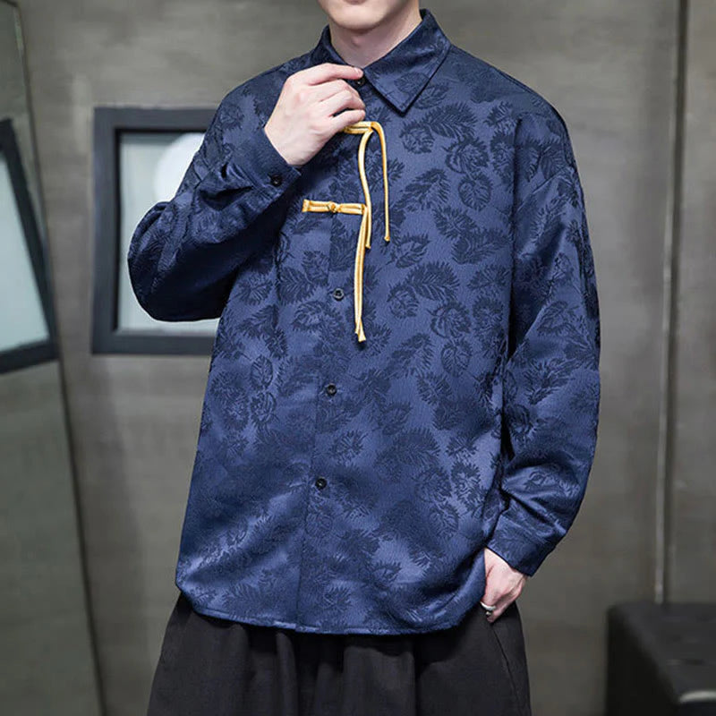 Buddha Stones Frog-Button Leaves Pattern Long Sleeve Men's Tang Suit Jacket