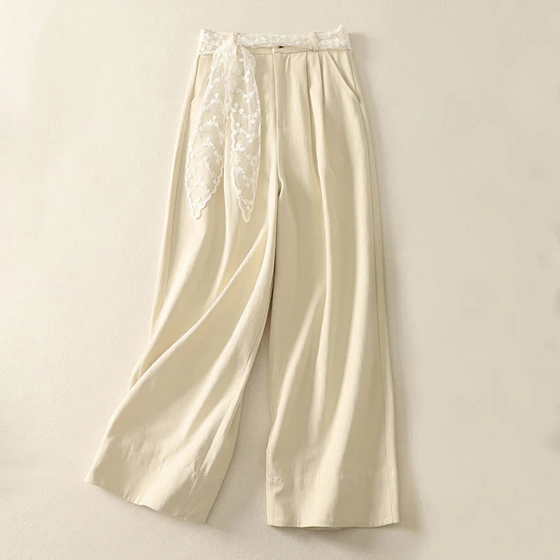 Buddha Stones Daily Solid Color Lace Belt Women's Wide Leg Cotton Pants With Pockets