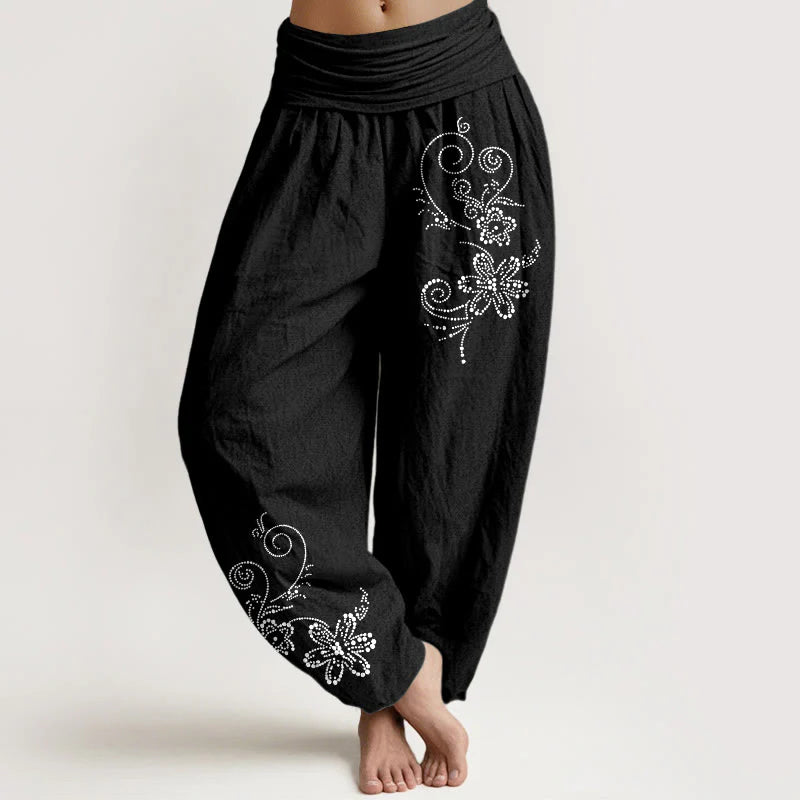 Buddha Stones Pure Cotton Composed Of Dots Vine Flower Pattern Women's Elastic Waist Harem Pants