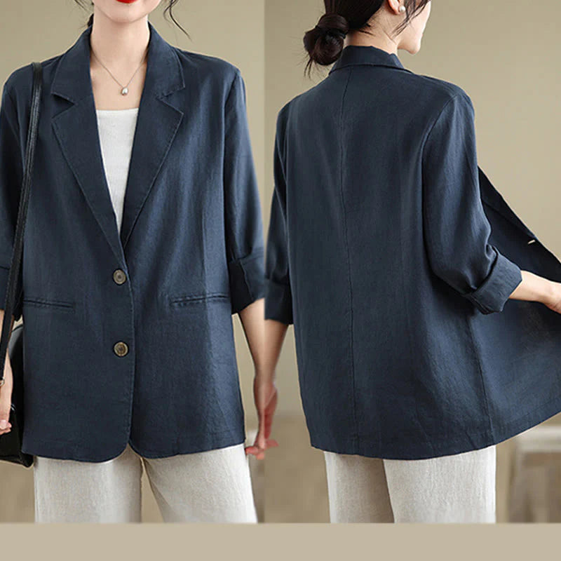 Buddha Stones Spring Solid Color Long Sleeve Cotton Linen Women's Jacket With Pockets