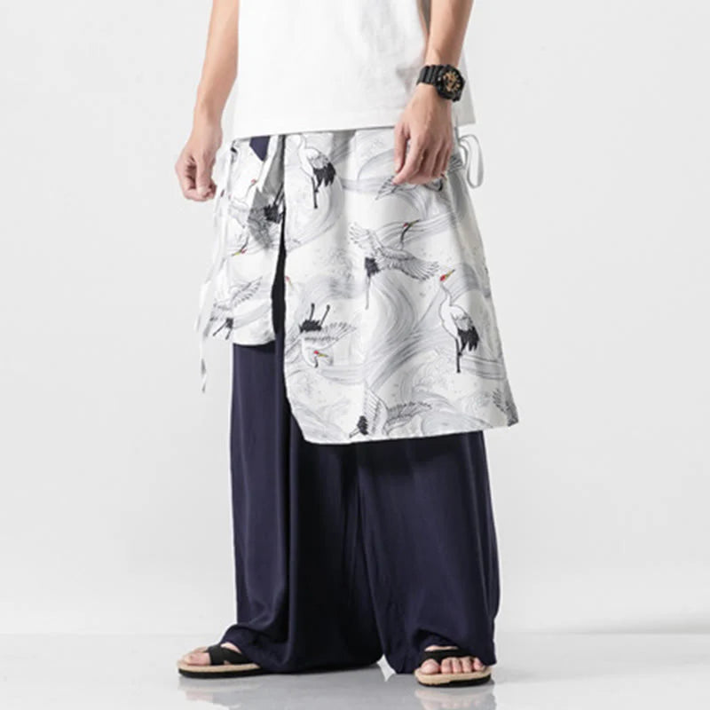 Buddha Stones Summer Flying Crane Design Cotton Men's Wide Leg Pants With Pockets