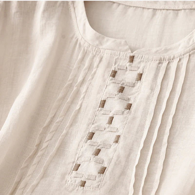 Buddha Stones Embroidery Crew Neck Pleats Women's Cotton Linen Half Sleeve T-shirt