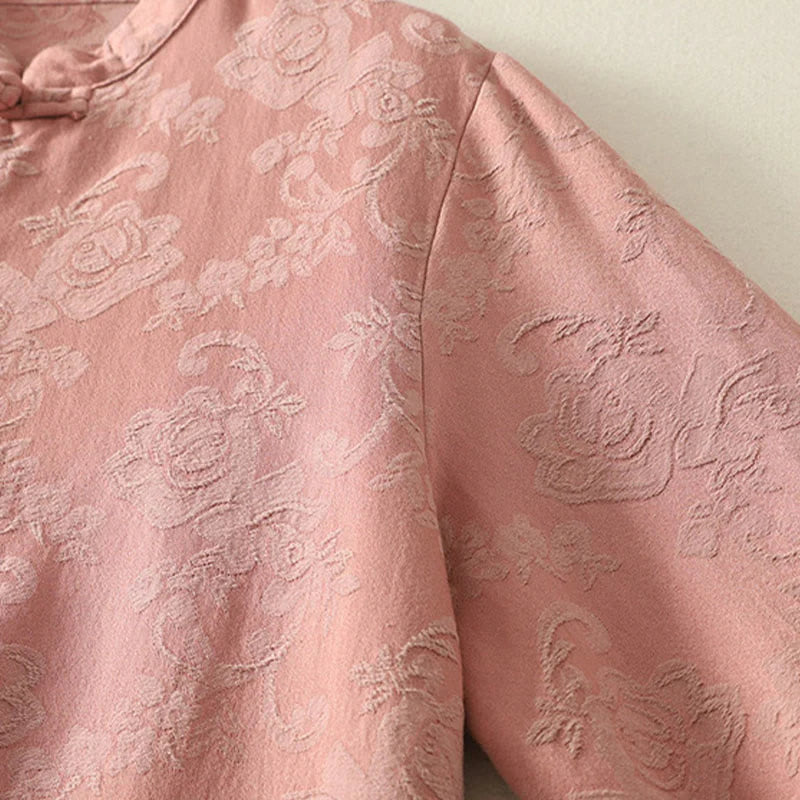 Buddha Stones Spring Plain Jacquard Design Women's Cotton Zen Long Sleeve Shirt