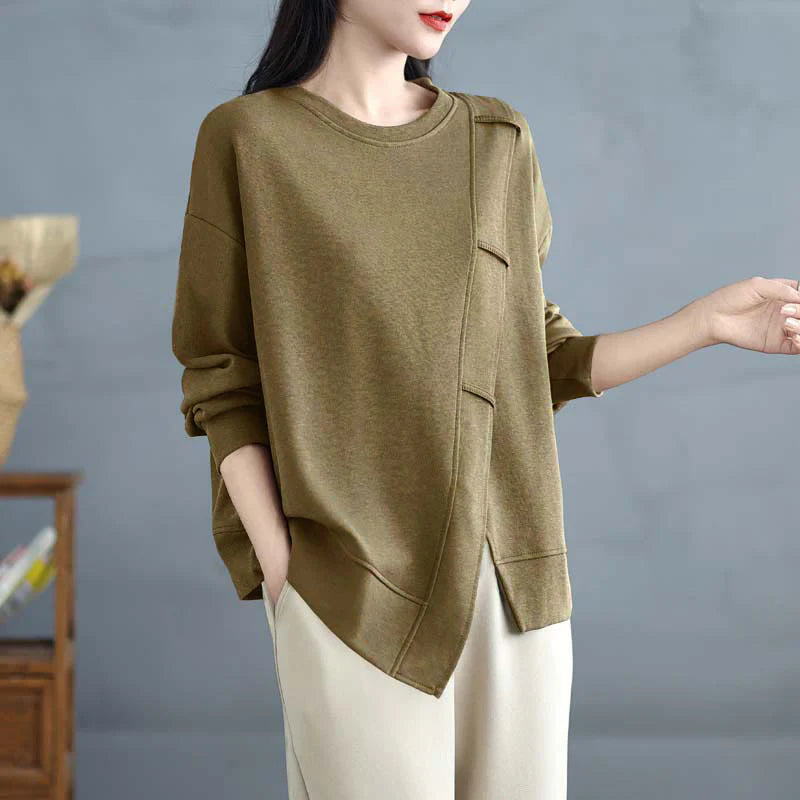 Buddha Stones Fall Solid Color Asymmetrical Design Crew Neck Long Sleeve Women's Cotton Sweatshirt