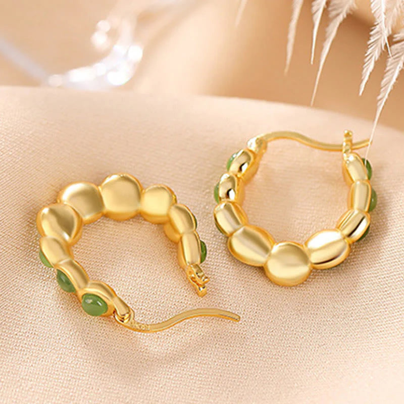 Buddha Stones 925 Sterling Silver Plated Gold Hetian Cyan Jade Pea Ear Clip Prosperity Earrings  (Extra 30% Off | USE CODE: FS30)