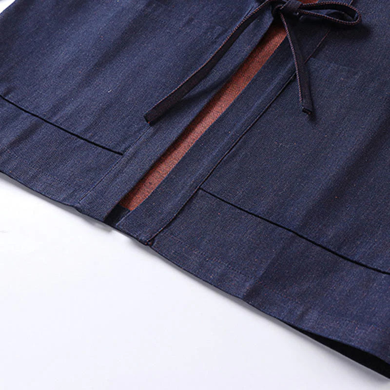 Buddha Stones Solid Lace-up Open Front Three Quarter Sleeve Jacket Men's Denim Cotton Kimono