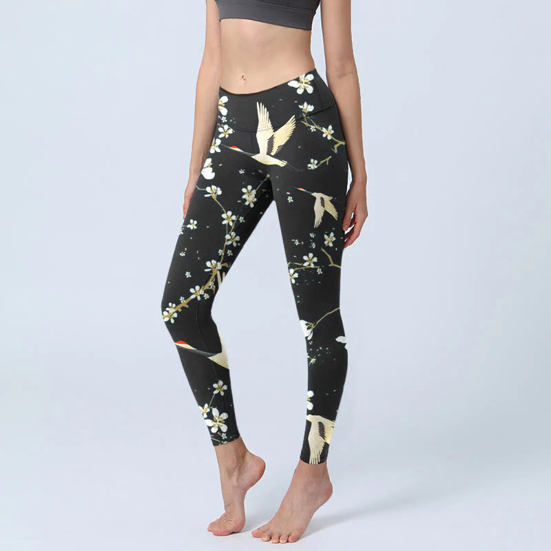 Buddha Stones Red-crowned Cranes Plum Blossoms Pattern Print Gym Leggings Women's Yoga Pants