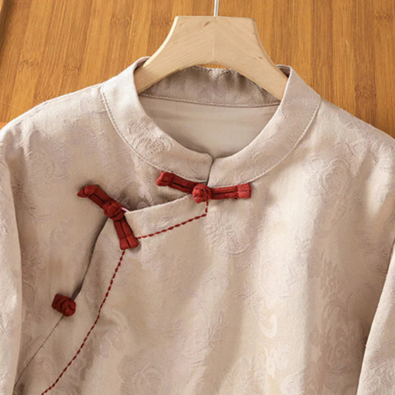 Buddha Stones Fall Jacquard Floral Print Frog-Button Stand Collar Long Sleeve Women's Cotton Shirt