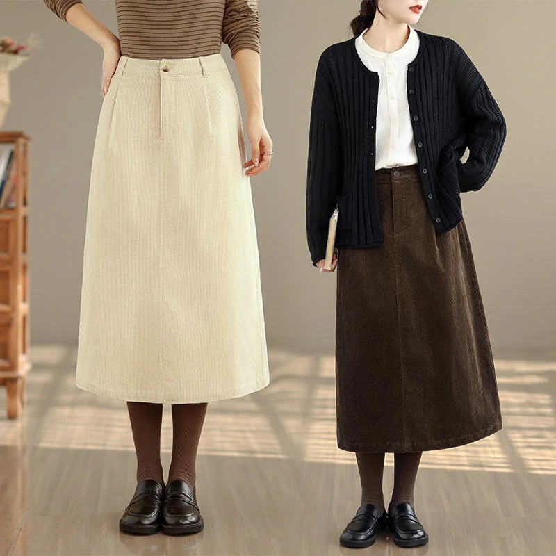Buddha Stones Pure Color Elastic Waist Women's 7-8 Length Corduroy Skirt With Pockets