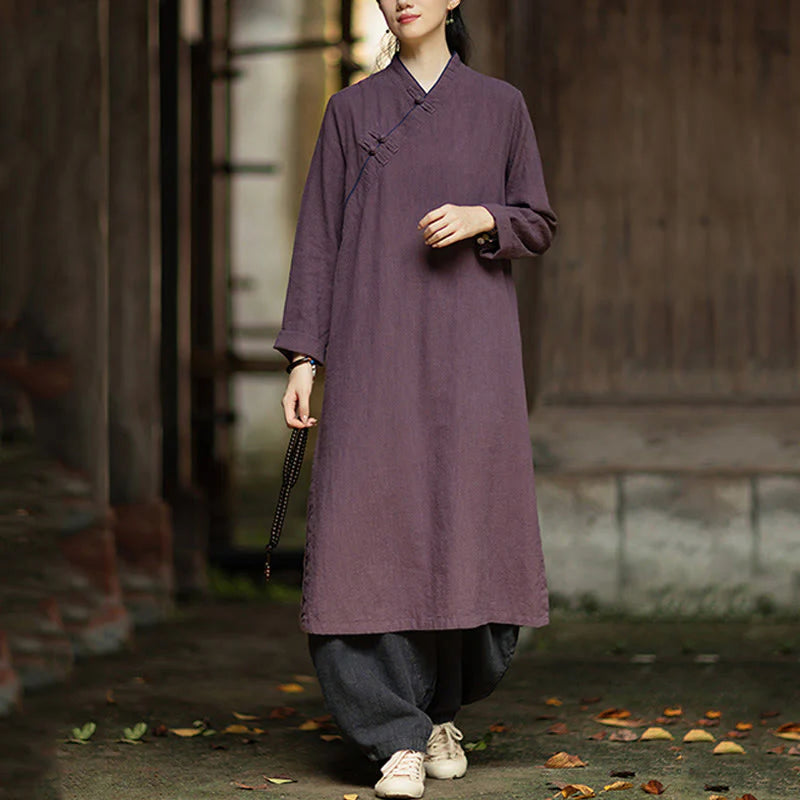 Buddha Stones Solid Frog-Button Long Sleeve Ramie Linen Midi Dress Cheongsam With Pockets