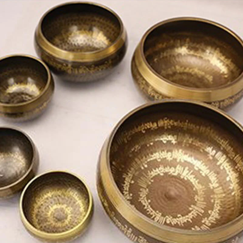 Buddha Stones Handcrafted Singing Bowl Scripture Pattern for Healing and Meditation Sound Bowl Set