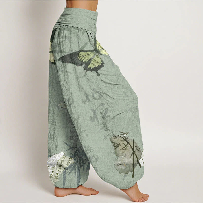 Buddha Stones Cotton Butterfly Bamboo Leaves Chinese Characters Pattern Women's Elastic Waist Harem Pants