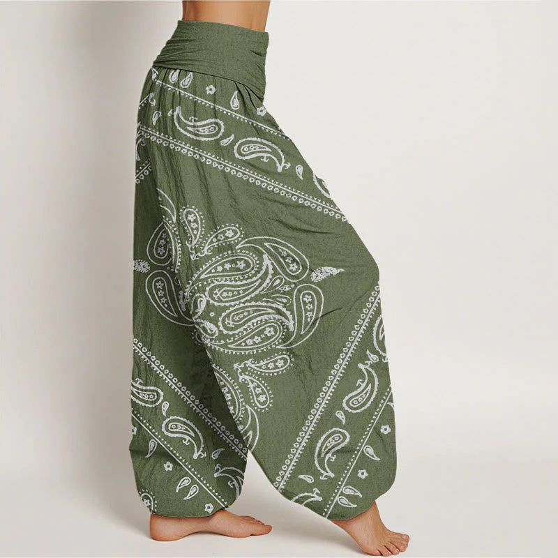 Buddha Stones Cotton Casual Floral Leaf Paisley Pattern Women's Elastic Waist Harem Pants