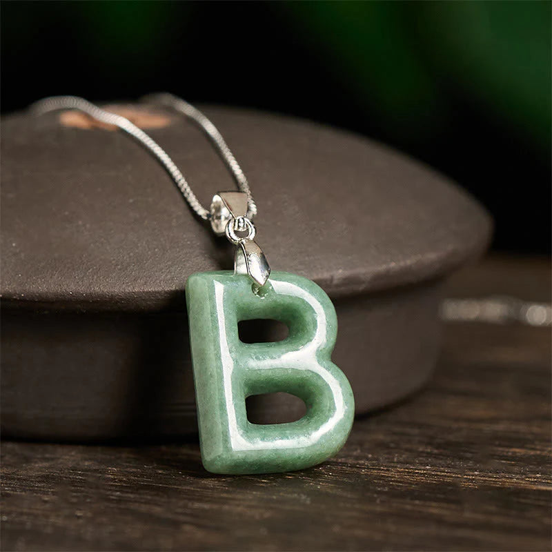 Buddha Stones Natural A-Z Letter Jade 925 Sterling Silver Silm Chain Prosperity Necklace Pendant