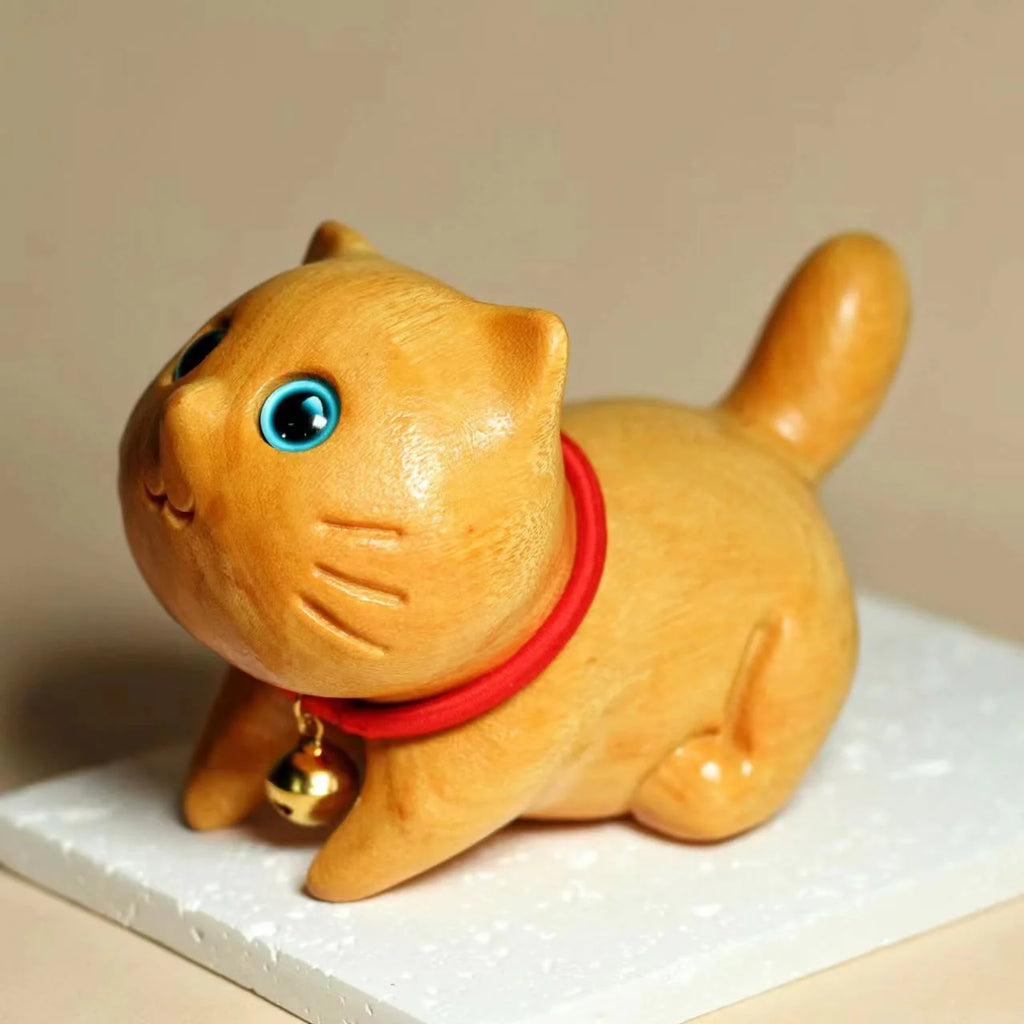 Buddha Stones Mini Sandalwood Carved Lucky Confident Cat Healing Decoration