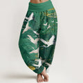 Buddha Stones Cotton Flying White Cranes Auspicious Clouds Design Women's Elastic Waist Harem Pants