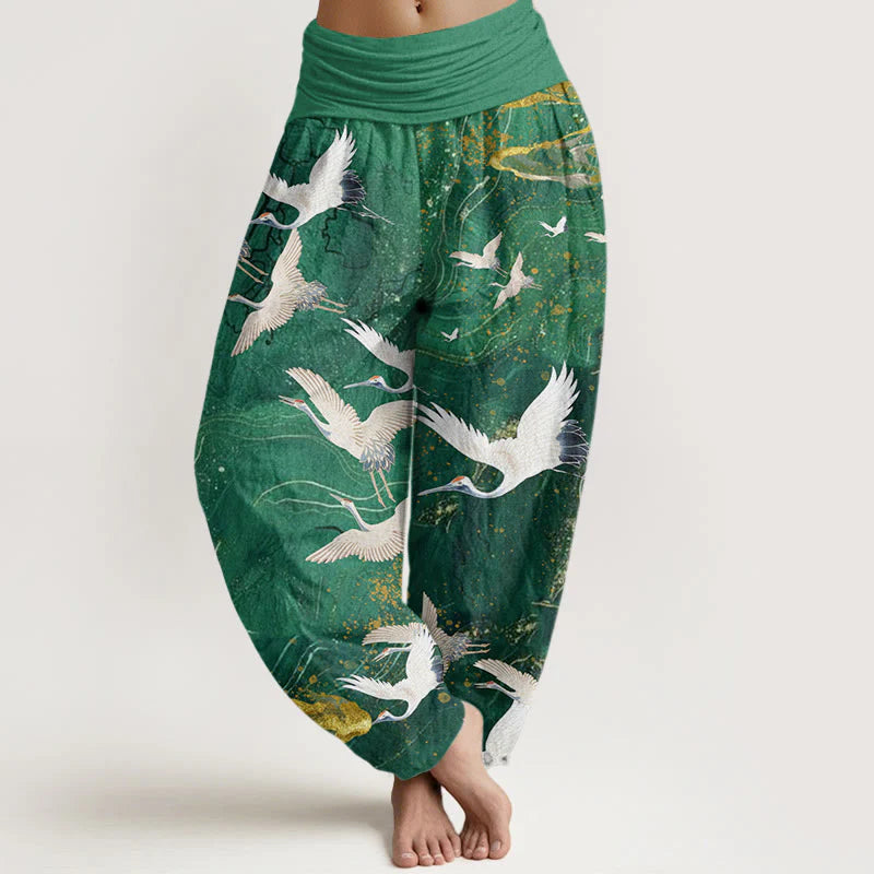 Buddha Stones Cotton Flying White Cranes Auspicious Clouds Design Women's Elastic Waist Harem Pants