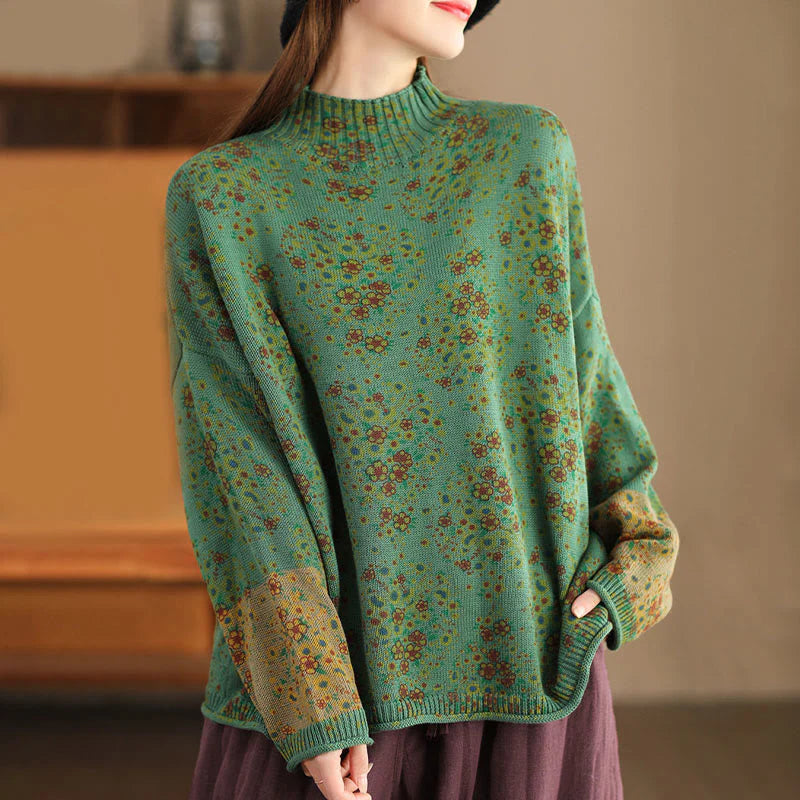 Buddha Stones Fall Printing Floral Long Sleeve Mock Neck Women's Knitted Cotton Sweater