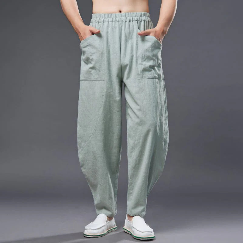 Buddha Stones Solid Color Cotton Ramie Linen Men's Elastic Waist Harem Pants With Pockets