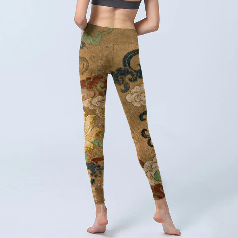 Buddha Stones Traditional Lotus Flower Cloud Pattern Print Gym Leggings Women's Yoga Pants