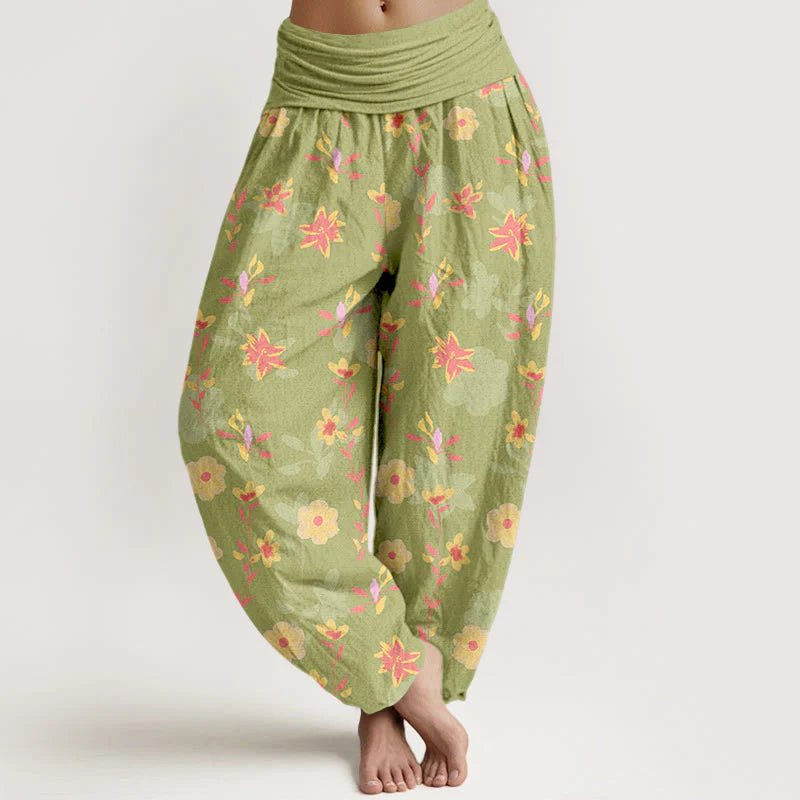 Buddha Stones Cotton Simple Refreshing Flower Leaf Pattern Women's Elastic Waist Harem Pants