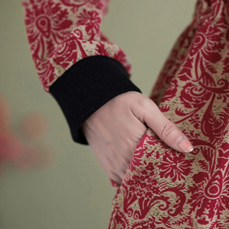 Buddha Stones Ethnic Printed Drawstring Long Sleeve Cotton Midi Dress With Pockets
