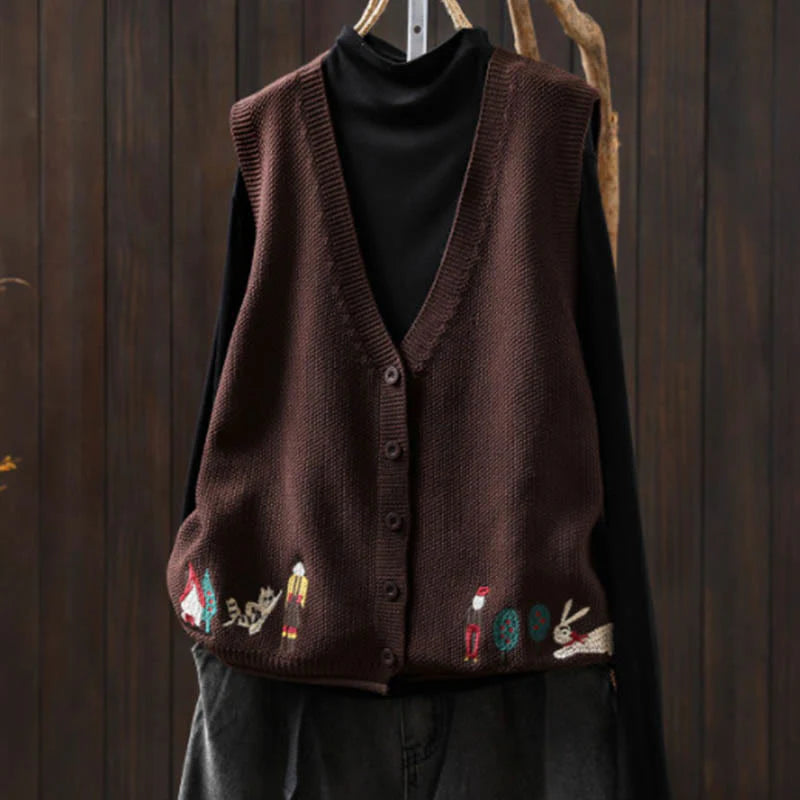 Buddha Stones Figure Rabbit Tree Embroidery Buttons Women's Sleeveless Cotton Knitted Vest Waistcoat