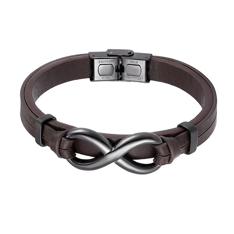Buddha Stones Infinitely Design Titanium Steel Single Layer Leather Balance Bracelet