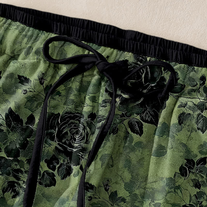 Buddha Stones Pure Cotton Rose Pattern Elastic Waist Drawstring Women's Pants With Pockets