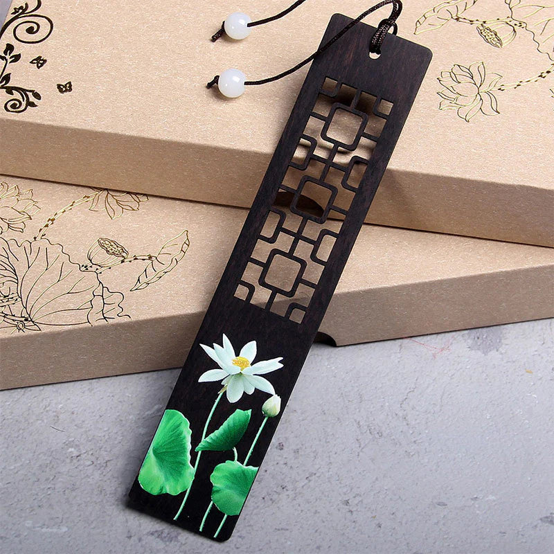 Buddha Stones Green Lotus Bamboo Oriole Ebony Wood Bookmarks With Gift Box (Extra 35% Off | USE CODE: FS35)
