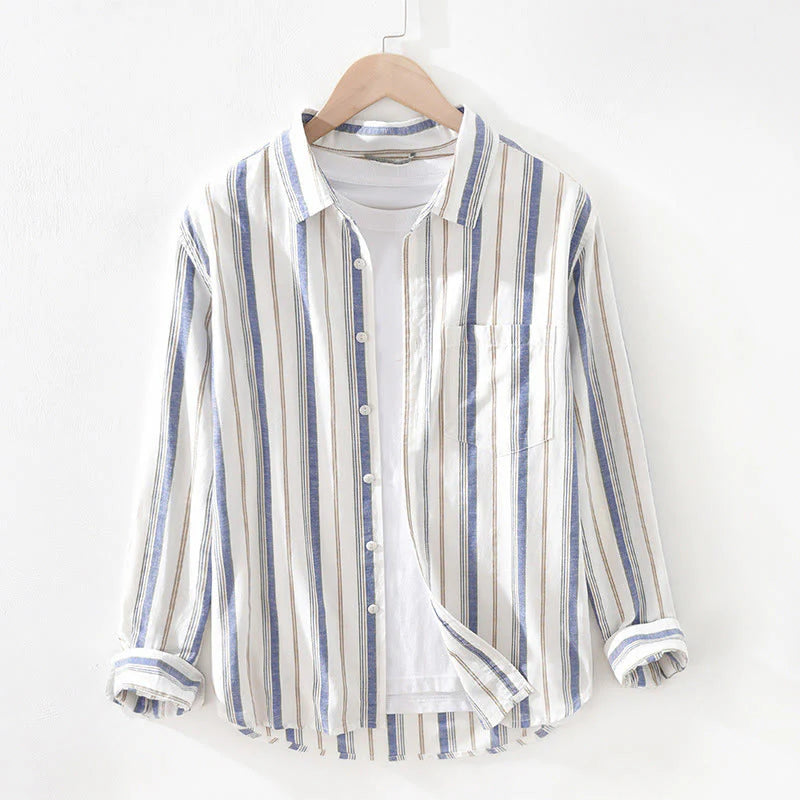 Buddha Stones Fall Stripe Decorative Pocket Buttons Down Long Sleeve Three Quarter Sleeve Short Sleeve Men's Cotton Shirt
