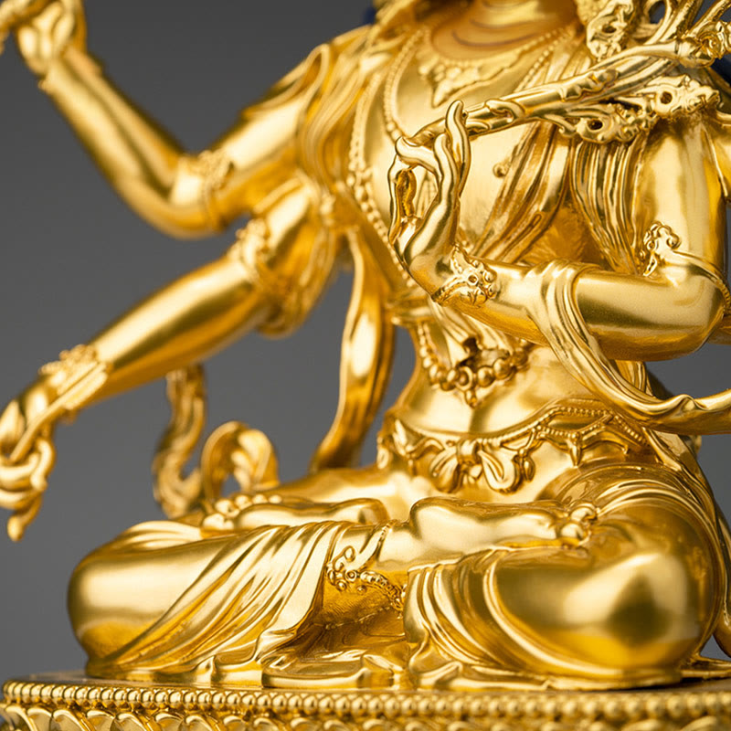 Buddha Stones Four-armed Manjusri Bodhisattva Gold Figurine Compassion Serenity Copper Statue Home Decoration