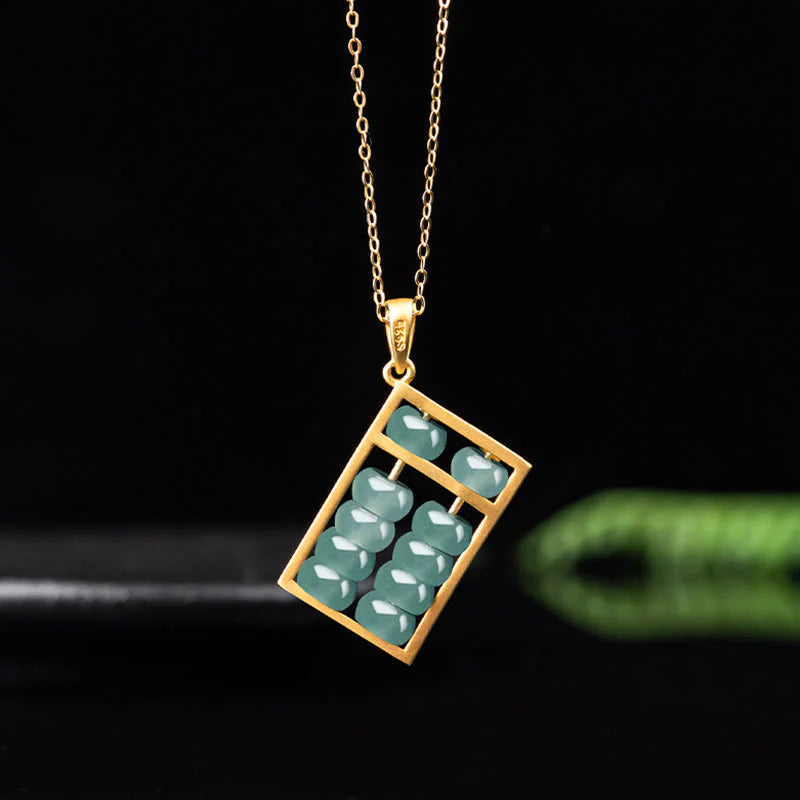 Buddha Stones Natural Jade Abacus Pattern Abundance Titanium Steel Chain Necklace Pendant