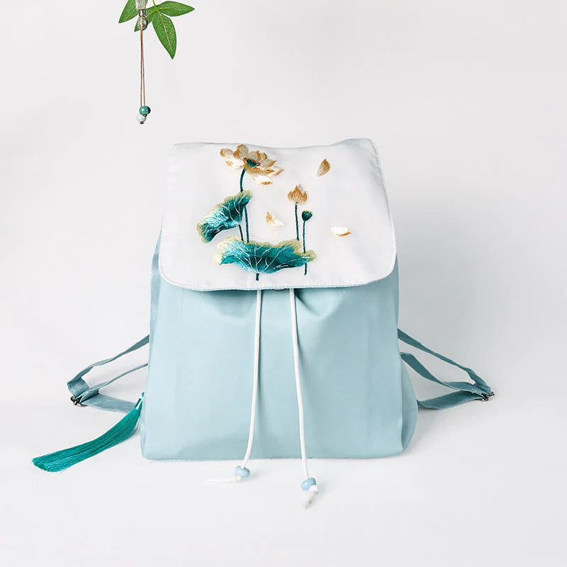 Buddha Stones Handmade Blue Lotus Embroidered Large Capacity Canvas Backpack