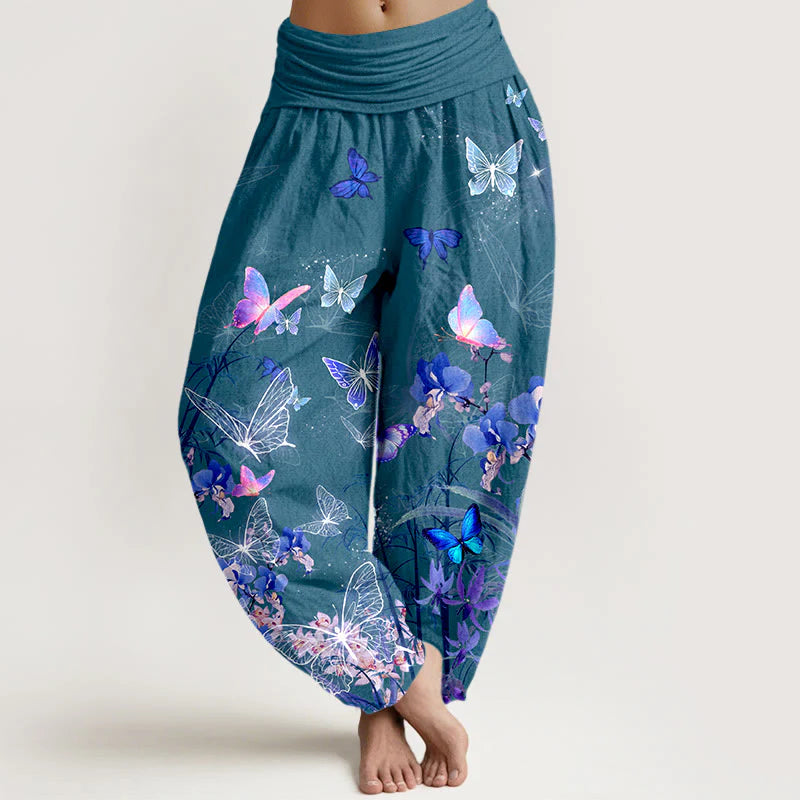 Buddha Stones Pure Cotton Dreamlike Butterfly Flower Grass Bamboo Pattern Women's Elastic Waist Harem Pants